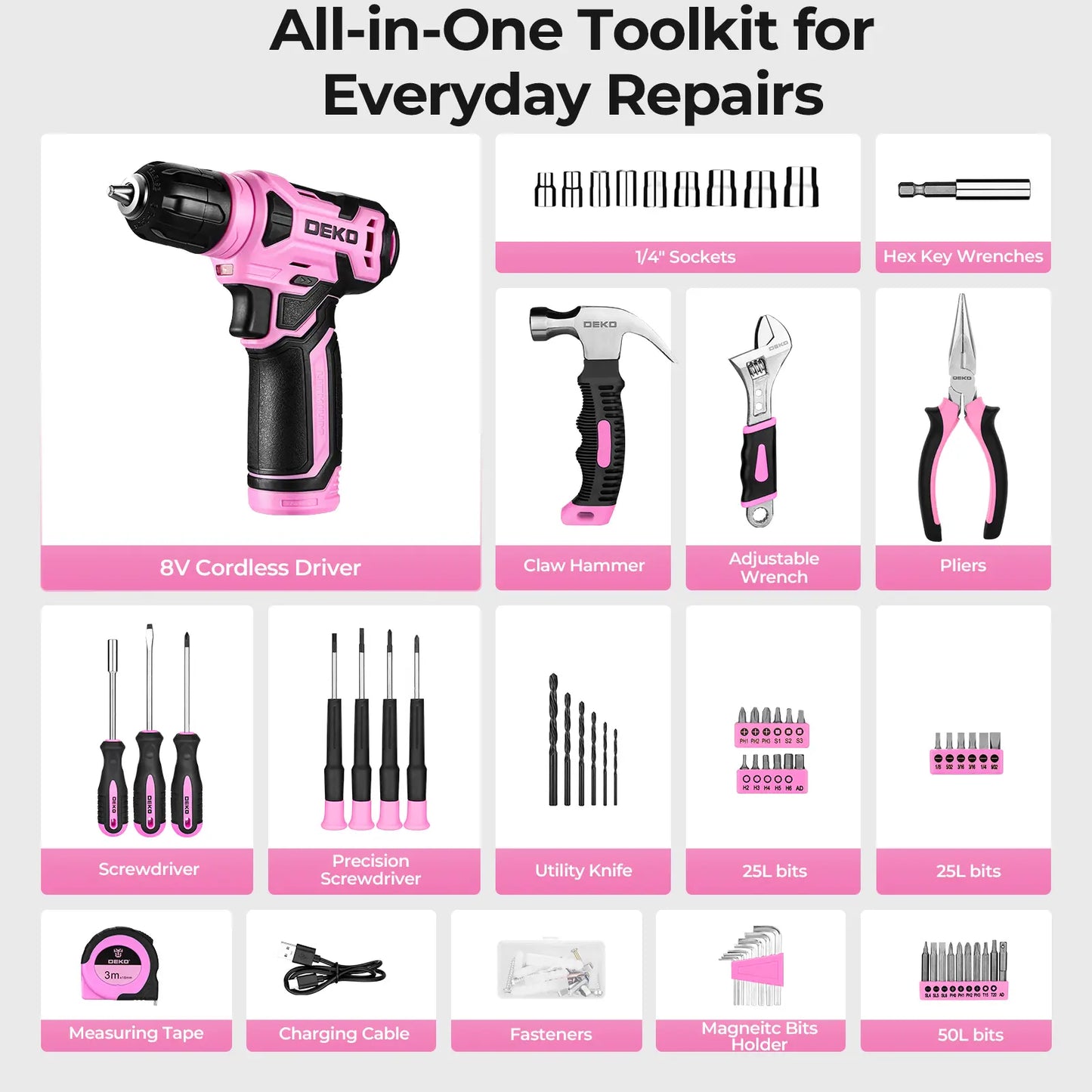 126PCS Cordless Drill Tool Set 8V Rechargeable Power Drill with Carry Case, Household Repair Tools, Ideal Gift for Dads