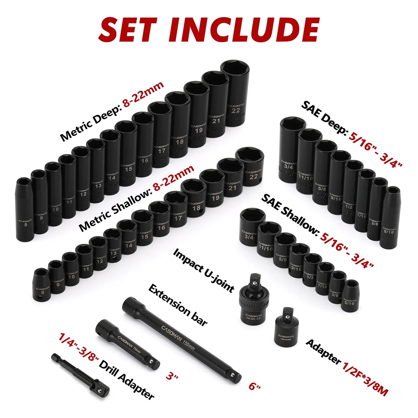 3/8 Inch Drive CR-V Impact Socket Set 49PCS, Complete Mechanic Tool Kit with Ratchet & Accessories for Auto Maintenance