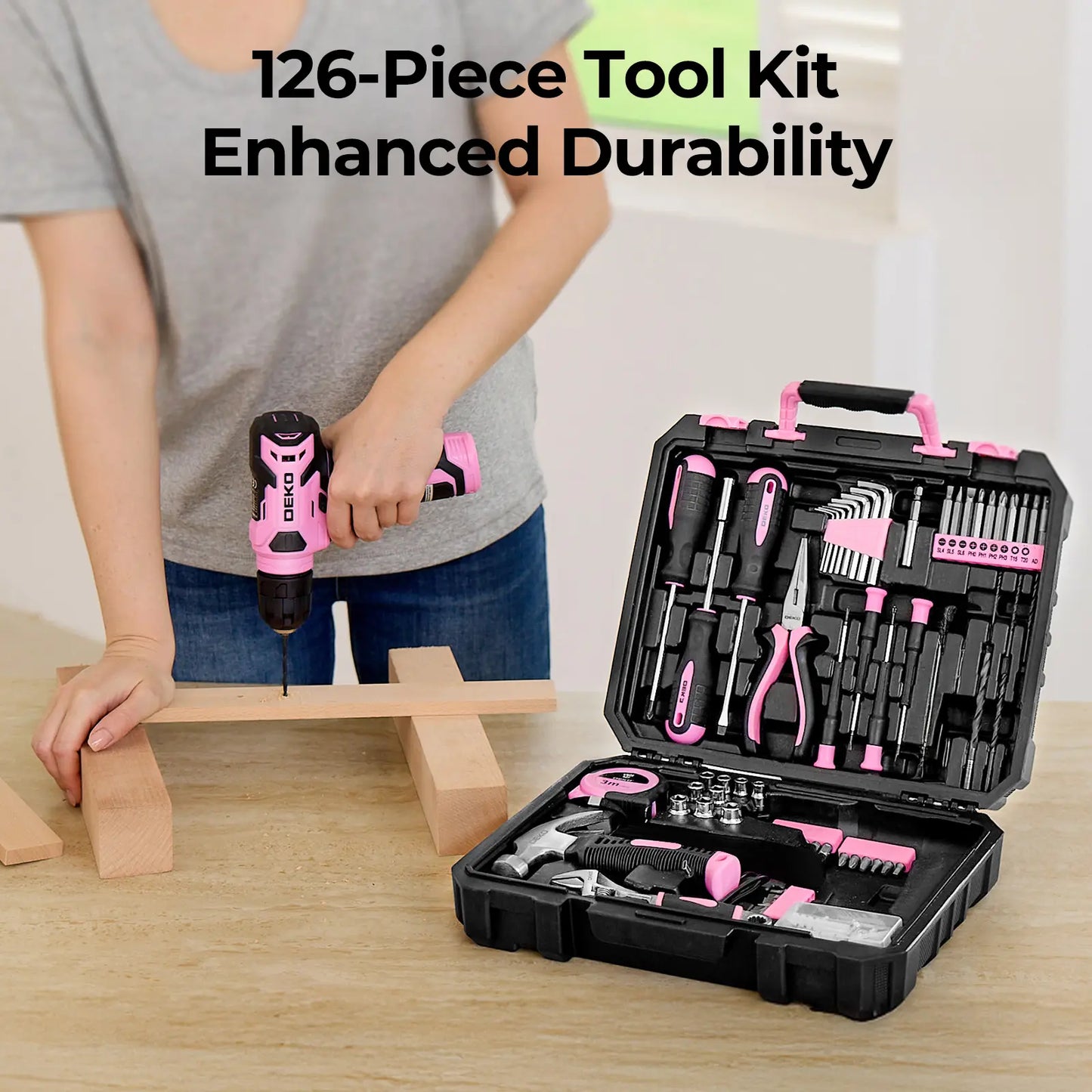 126PCS Cordless Drill Tool Set 8V Rechargeable Power Drill with Carry Case, Household Repair Tools, Ideal Gift for Dads