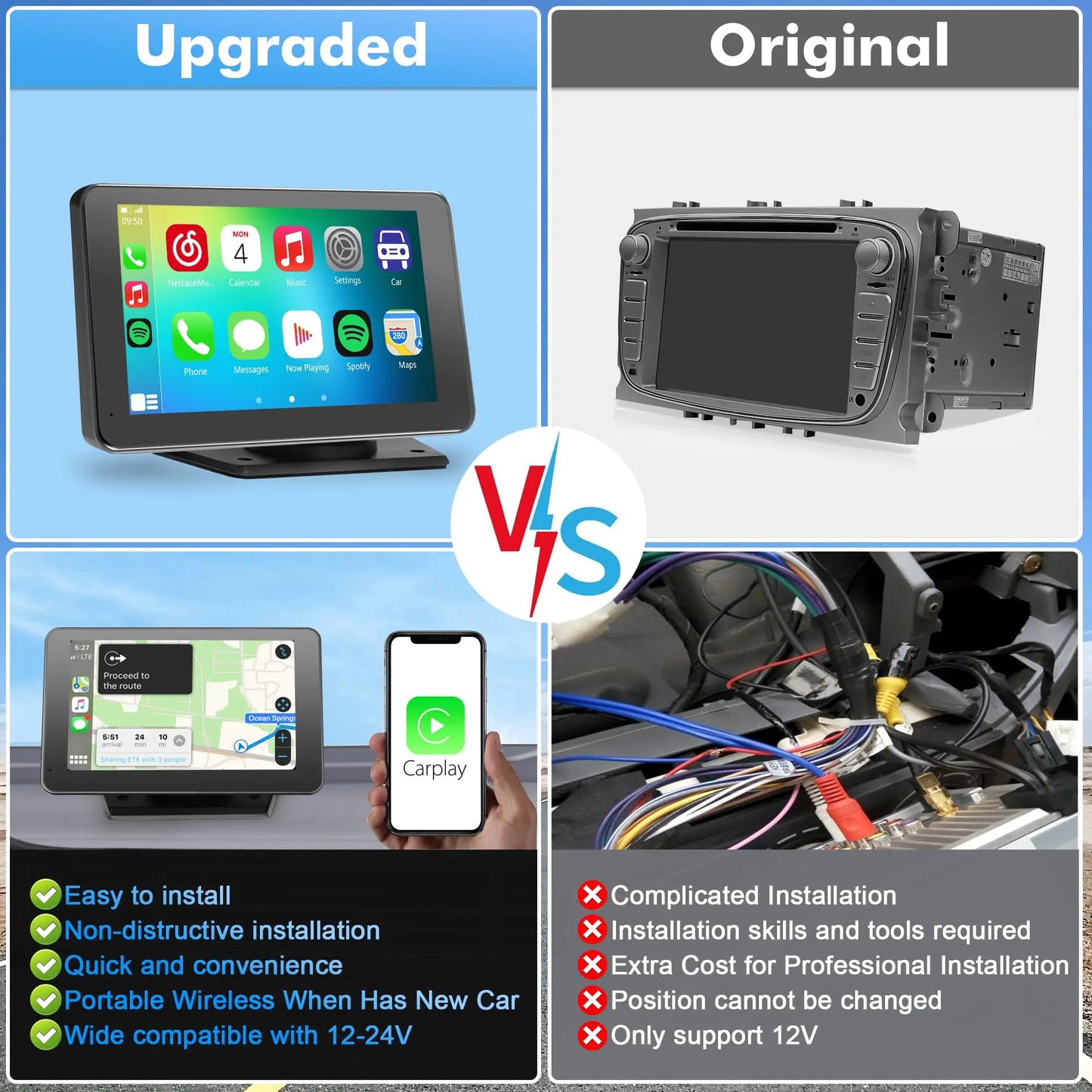 Upgraded Portable Wireless CarPlay Screen Adapter, Compatible with iPhone & Android, Smooth In-Car Entertainment System